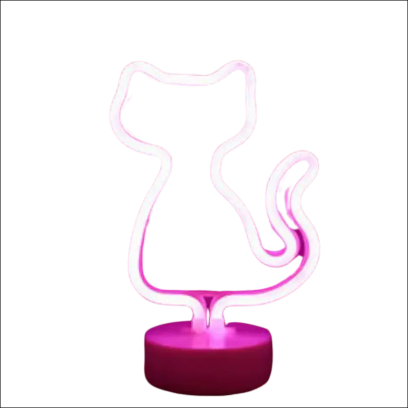 Pink neon cat-shaped night light with glowing outline and solid base from tropical nights neon deco collection