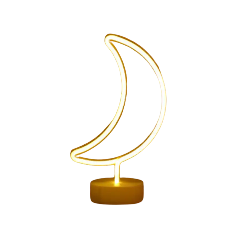 Tropical nights neon crescent moon night light with warm yellow glowing neon deco and sleek curved design on circular base