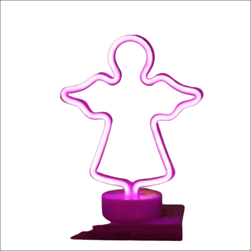 A glowing pink neon deco night light shaped like an angel with wings on a purple base for tropical nights neon ambiance