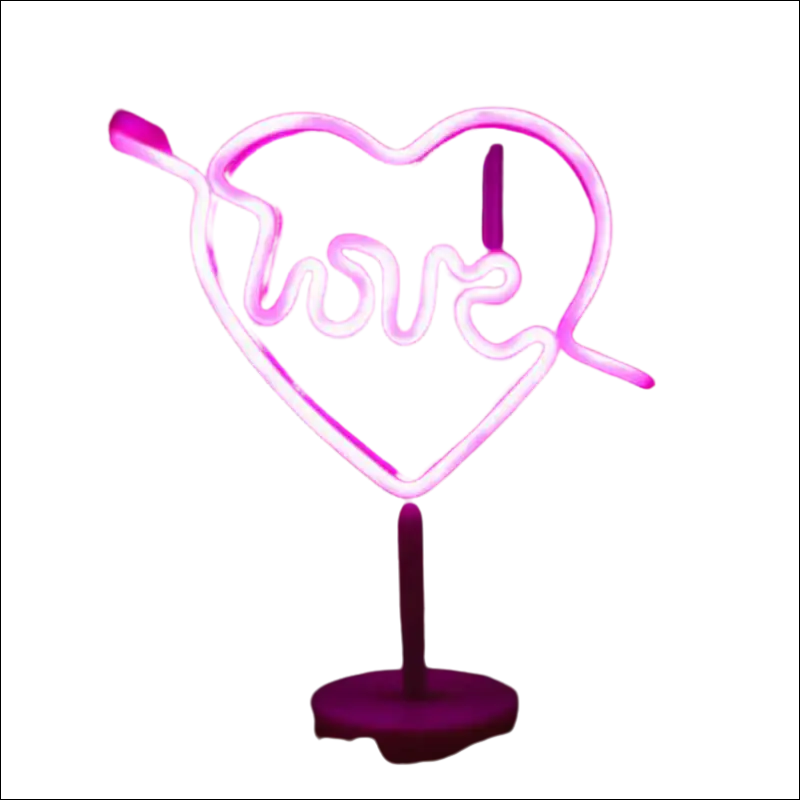 Pink neon deco heart shaped night light with love and arrow on purple base from tropical nights neon collection