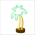 Tropical nights neon palm tree night light with glowing green frond and yellow trunk on circular base for neon deco