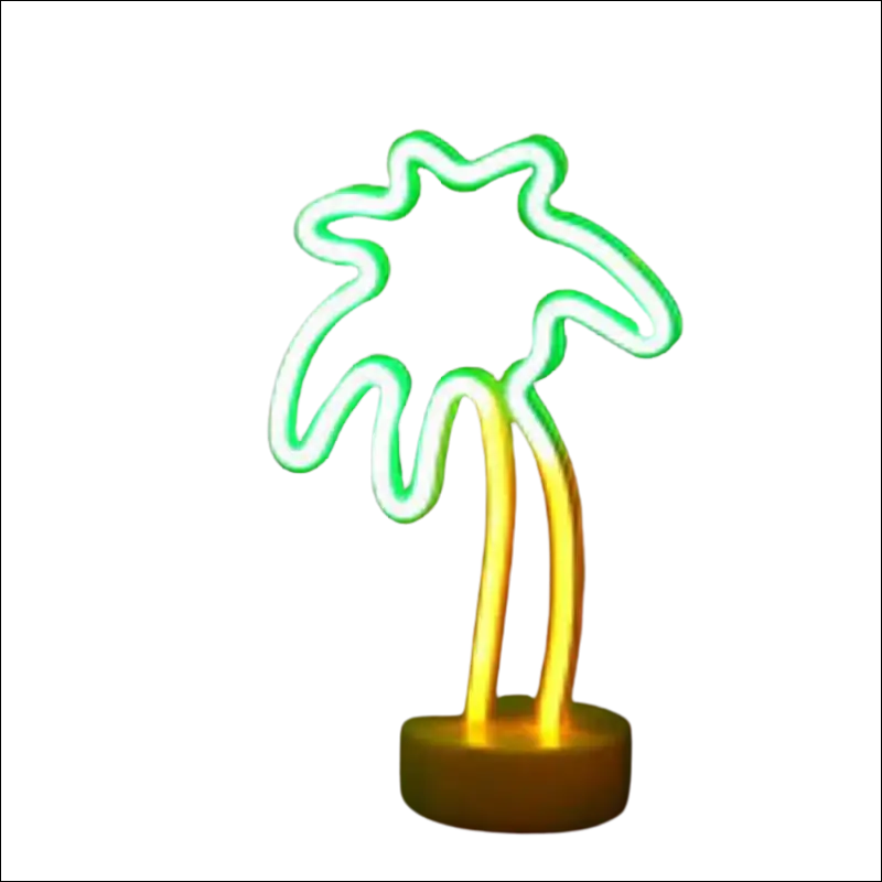 Tropical nights neon palm tree night light with glowing green frond and yellow trunk on circular base for neon deco