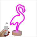 A glowing pink neon deco flamingo night light with sleek minimalist design and matte beige base for tropical nights neon ambiance