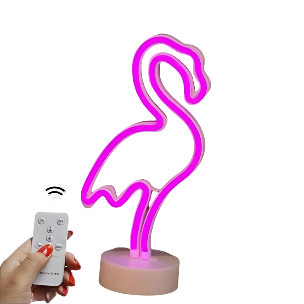 A glowing pink neon deco flamingo night light with sleek minimalist design and matte beige base for tropical nights neon ambiance