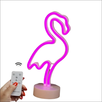 A glowing pink neon deco flamingo night light with sleek minimalist design and matte beige base for tropical nights neon ambiance