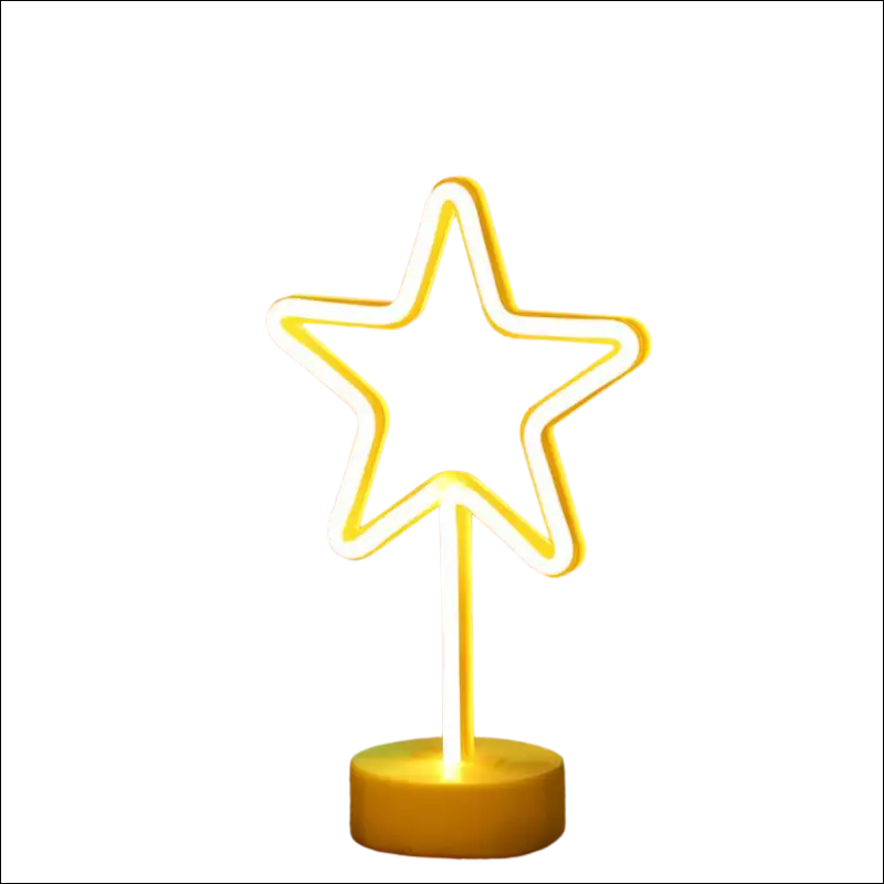 A glowing yellow neon star-shaped tropical nights neon night light with sleek modern design and circular base