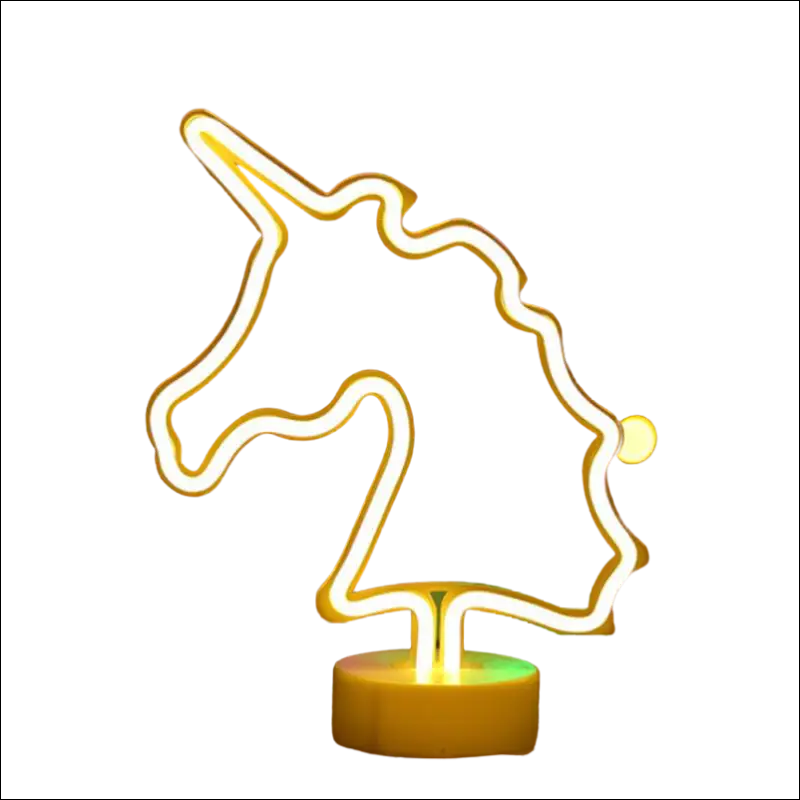 A glowing yellow neon unicorn head lamp with minimalist design and warm base tropical nights neon night light