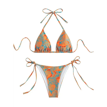 A vibrant tropical print orange thong bikini swimsuit with adjustable tie-side strings in teal and orange colors