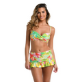 Vibrant tropical print shoulder wrap bikini top with twisted design and ruffled skirt in yellow green pink and red hues