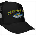 Black foam trucker hat with embroidered tropical sea text in yellow and blue above detailed tuna fish design