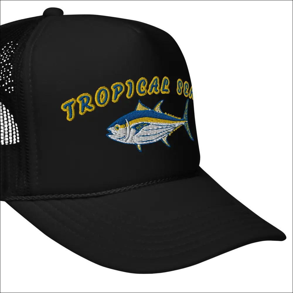 Black foam trucker hat with embroidered tropical sea text in yellow and blue above detailed tuna fish design