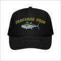 Black foam trucker hat with embroidered blue yellow white tropical fish and gold tropical seas lettering