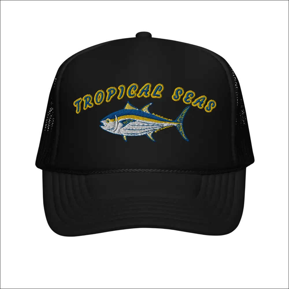 Black foam trucker hat with embroidered blue yellow white tropical fish and gold tropical seas lettering