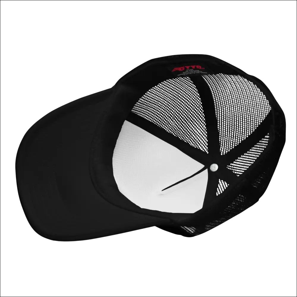 Black tropical seas tuna foam trucker hat back view with mesh panel and red branded adjustable strap