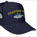 Navy blue foam trucker hat with embroidered tropical fish design in yellow and white stitching tropical seas tuna foam trucker hat