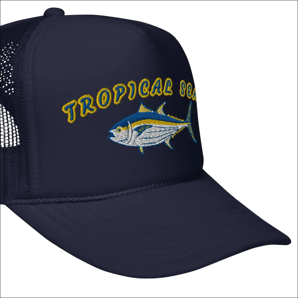 Navy blue foam trucker hat with embroidered tropical fish design in yellow and white stitching tropical seas tuna foam trucker hat