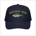 Navy blue foam trucker hat with embroidered tropical tuna fish and yellow tropical seas lettering