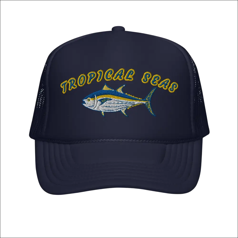 Navy blue foam trucker hat with embroidered tropical tuna fish and yellow tropical seas lettering