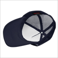 Tropical Seas Tuna foam trucker hat in navy blue with mesh back and white interior panel showing the back side view