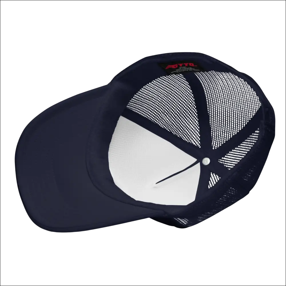 Tropical Seas Tuna foam trucker hat in navy blue with mesh back and white interior panel showing the back side view