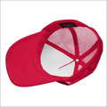 Red foam trucker hat with mesh back and white interior panel from tropical seas tuna foam trucker hat collection