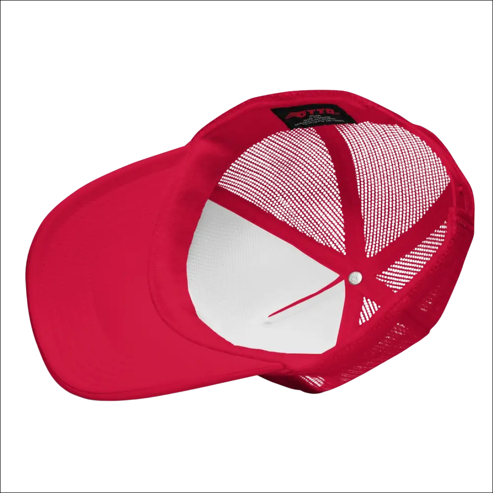 Red tropical seas tuna foam trucker hat with mesh back and white interior panel made of foam trucker material