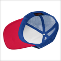A vibrant red and blue foam trucker hat with a white mesh back panel from Tropical Seas Tuna Foam Trucker Hat collection