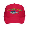 Vibrant red foam trucker hat with embroidered tropical fish and tropical seas lettering in yellow and green