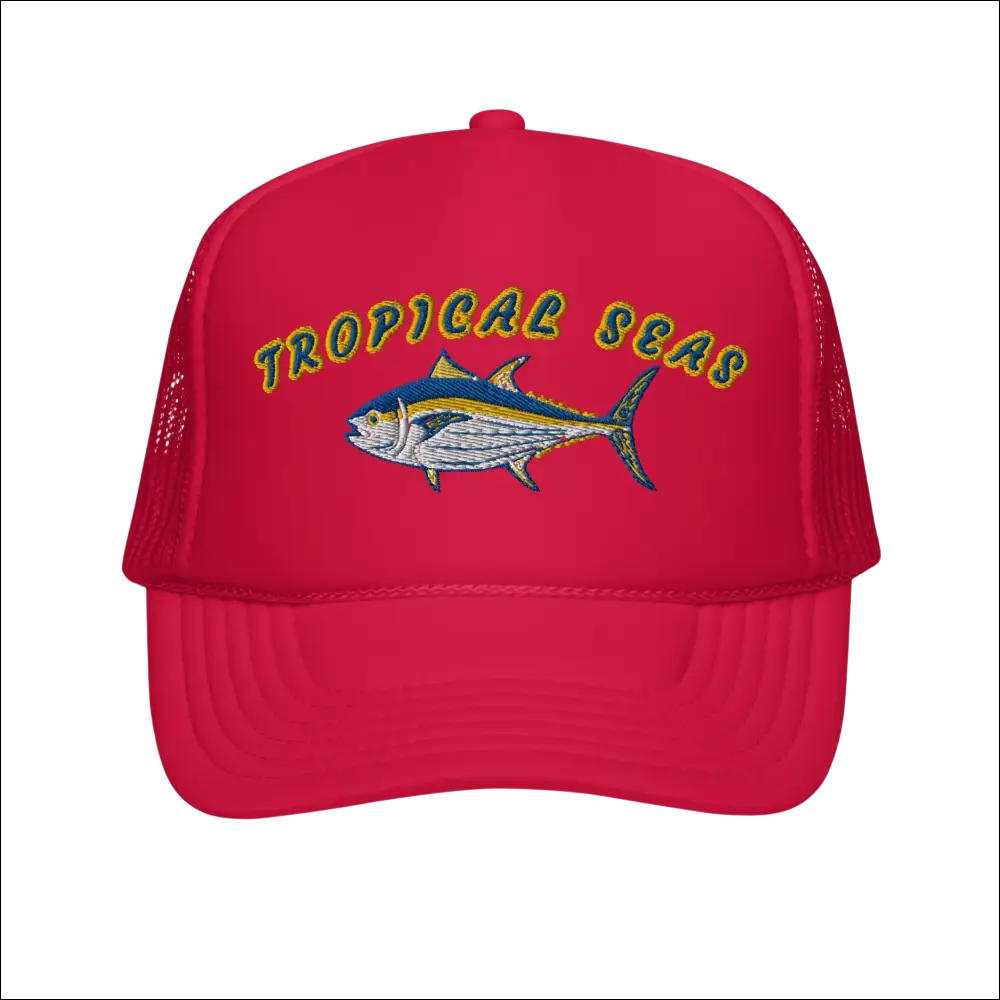 Vibrant red foam trucker hat with embroidered tropical fish and tropical seas lettering in yellow and green
