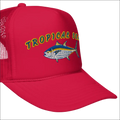 Vibrant red tropical seas tuna foam trucker hat with embroidered tropical tuna fish and yellow text with blue outline