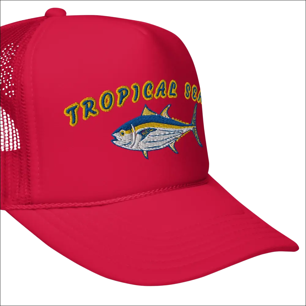 Vibrant red tropical seas tuna foam trucker hat with embroidered tropical tuna fish and yellow text with blue outline