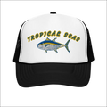 White and black foam trucker hat with embroidered tropical tuna in blue yellow and silver above tropical seas text