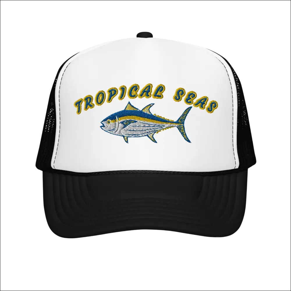 White and black foam trucker hat with embroidered tropical tuna in blue yellow and silver above tropical seas text