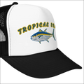White and black foam trucker hat featuring embroidered tropical tuna in blue yellow and silver thread