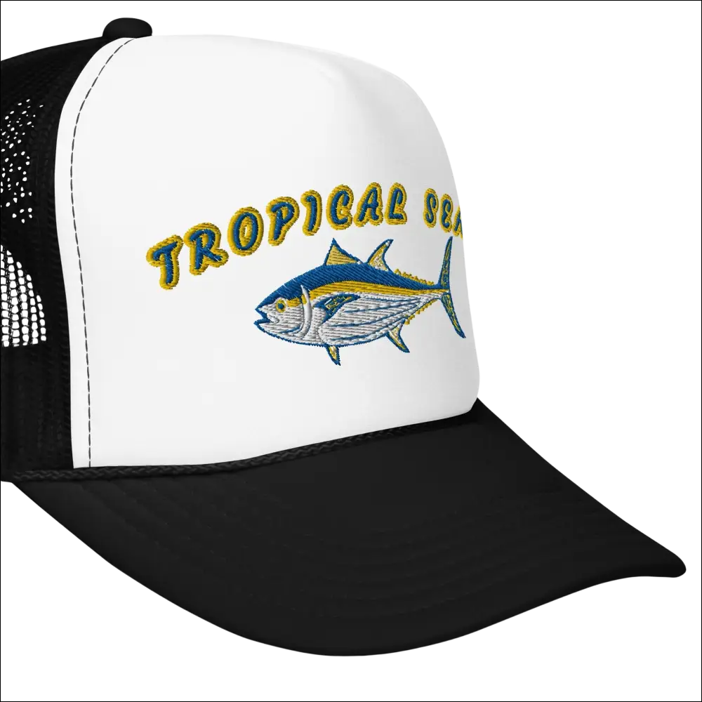 White and black foam trucker hat featuring embroidered tropical tuna in blue yellow and silver thread