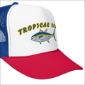 White blue and red foam trucker hat featuring an embroidered tropical sea logo with a detailed tuna fish design