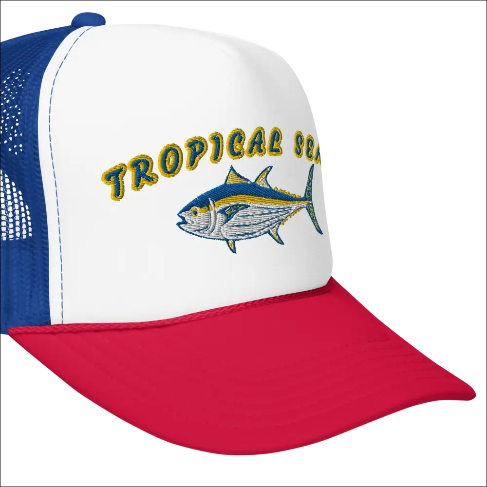 White blue and red foam trucker hat featuring an embroidered tropical sea logo with a detailed tuna fish design