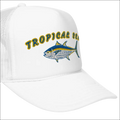 White foam trucker hat featuring an embroidered tropical tuna fish with blue and yellow detailing