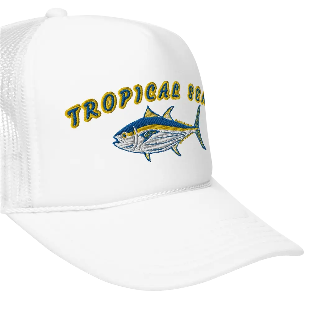 White foam trucker hat featuring an embroidered tropical tuna fish with blue and yellow detailing