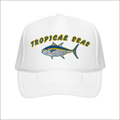 White foam trucker hat with embroidered tropical tuna fish in blue and yellow and gold tropical seas text