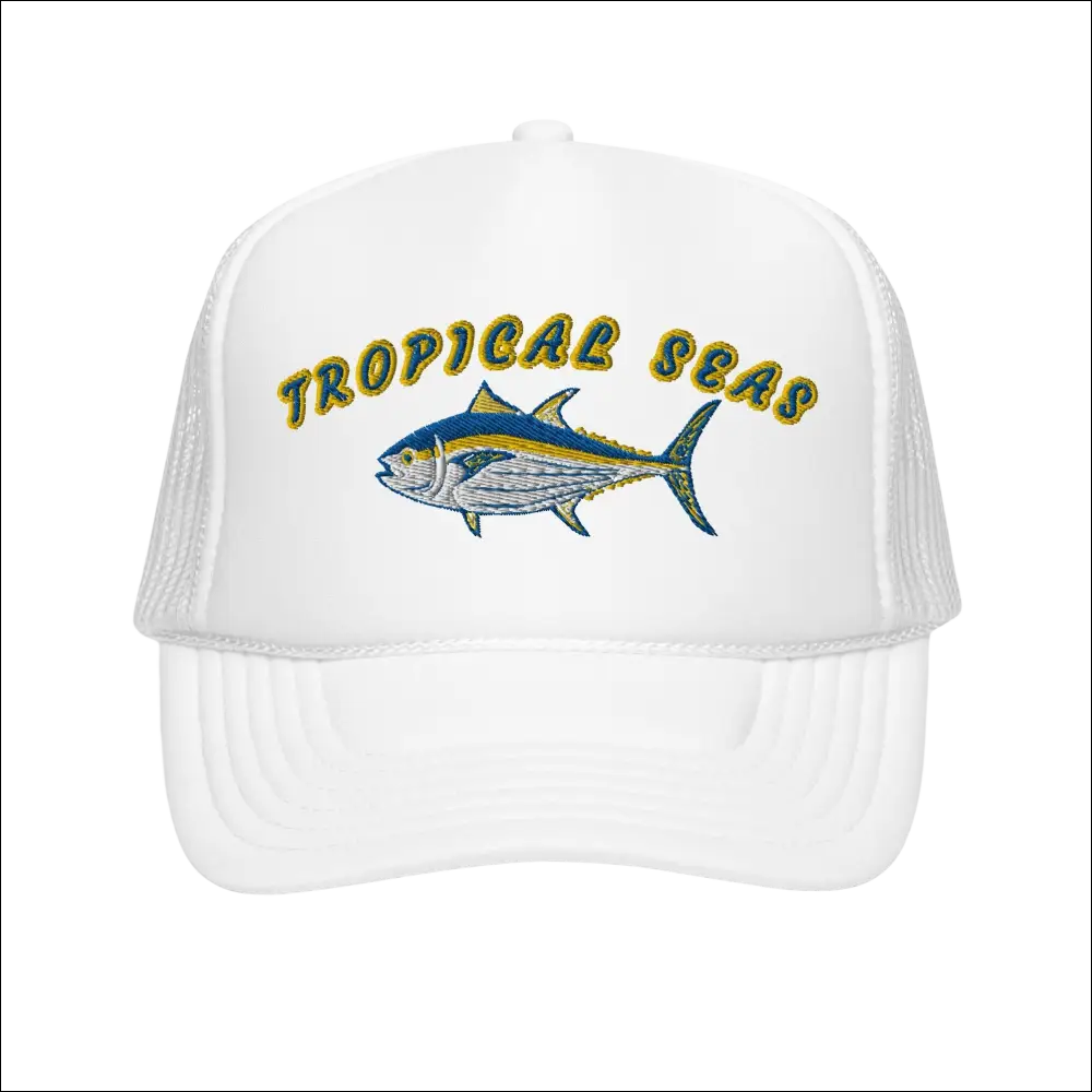 White foam trucker hat with embroidered tropical tuna fish in blue and yellow and gold tropical seas text