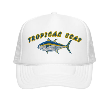 White foam trucker hat with embroidered tropical tuna fish in blue and yellow and gold tropical seas text