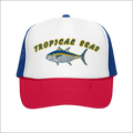 White and red foam trucker hat with blue mesh sides featuring an embroidered tropical seas logo and tuna fish design