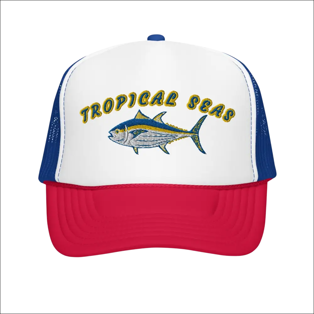 White and red foam trucker hat with blue mesh sides featuring an embroidered tropical seas logo and tuna fish design