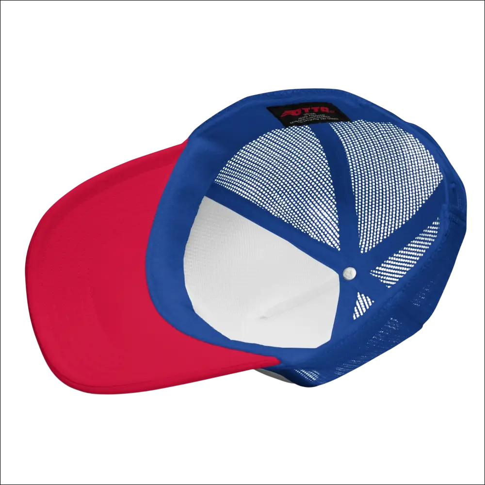 Tropical Seas Tuna foam trucker hat in vibrant red and blue with a white mesh back panel foam trucker hat