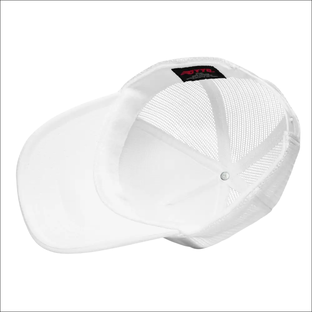 White tropical seas tuna foam trucker hat with solid front panel mesh back and black interior brand tag
