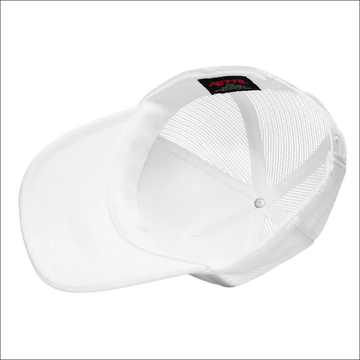 White tropical seas tuna foam trucker hat with solid front panel mesh back and black interior brand tag