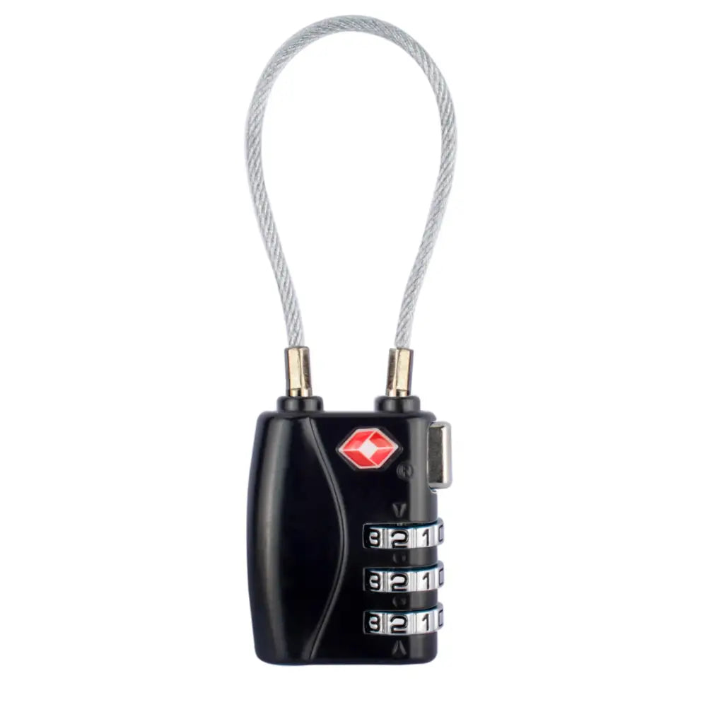 Black tsa approved suitcase travel cable lock with silver cable and three rotating dials for secure suitcase travel
