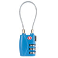 Tsa approved suitcase travel cable lock in blue plastic with silver cable and three dials for secure suitcase travel