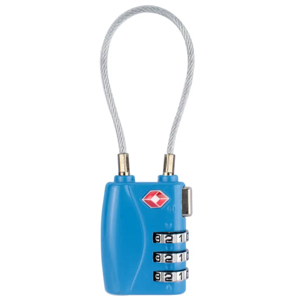 Tsa approved suitcase travel cable lock in blue plastic with silver cable and three dials for secure suitcase travel
